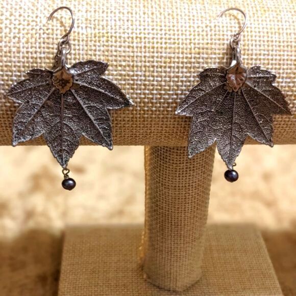 Vintage 80s Silver-plated/Gold Filled Leaf Motif Earrings Made from Real Leaves - Picture 11 of 16